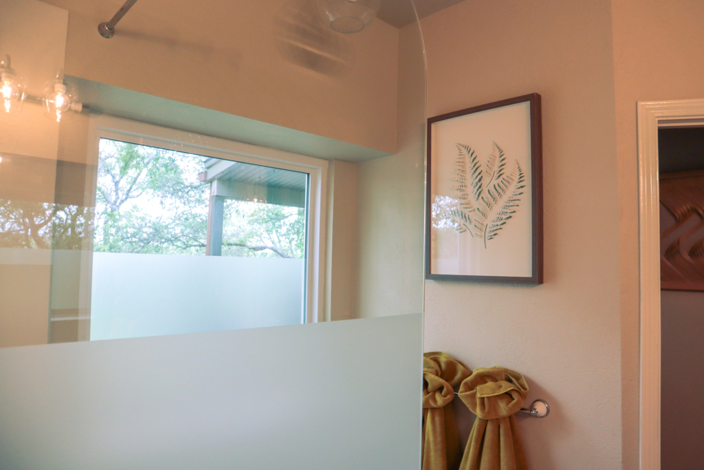 Luxury bathroom with frost matte window film on window and shower door glass